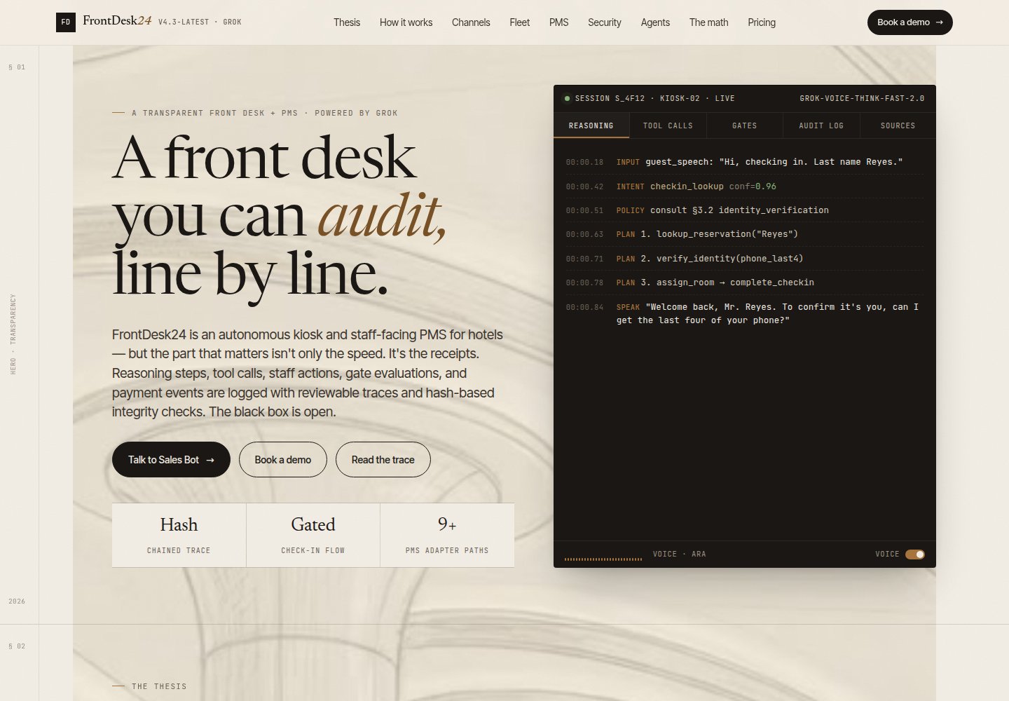 FrontDesk24 website showing its hotel front desk platform and an auditable check-in workflow