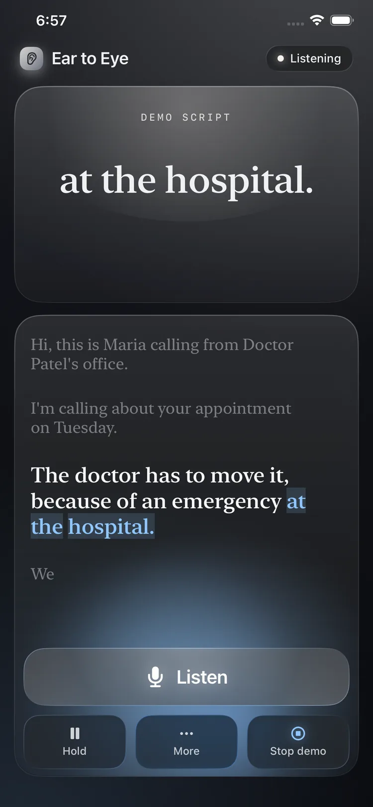 Ear to Eye displaying live speech as a large caption, with the conversation transcript underneath